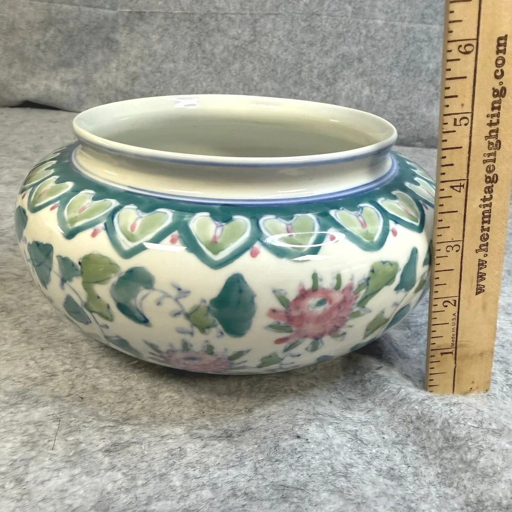 Vintage Chinese Porcelain Floral Bowl Hand Painted Pink Green Lotus Ginger Jar